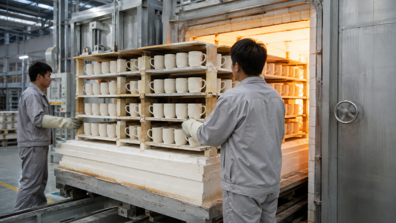 A rack of newly formed ceramic mugs entering a large industrial kiln for firing.
