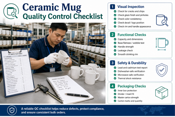 Ceramic Mug Quality Control Checklist A factory worker inspecting ceramic mugs for defects using a bright light, a core part of a ceramic mug quality control checklist.