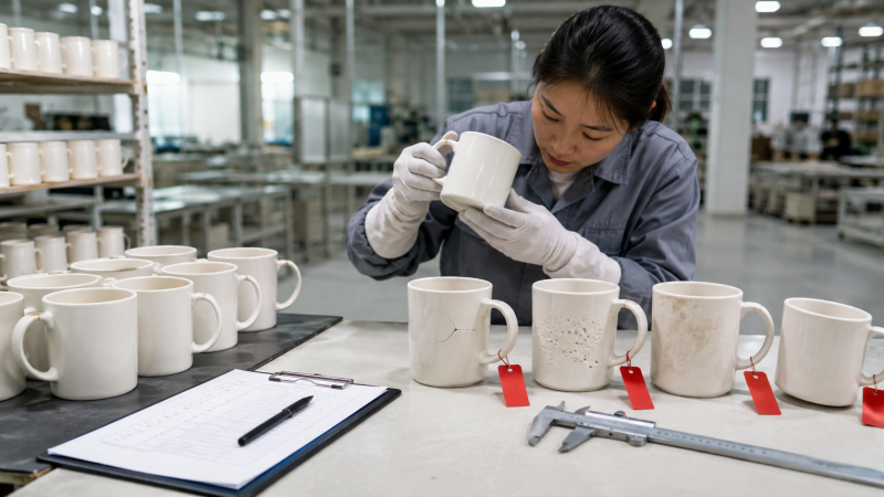 A stack of rejected ceramic mugs with visible flaws in a quality control area.