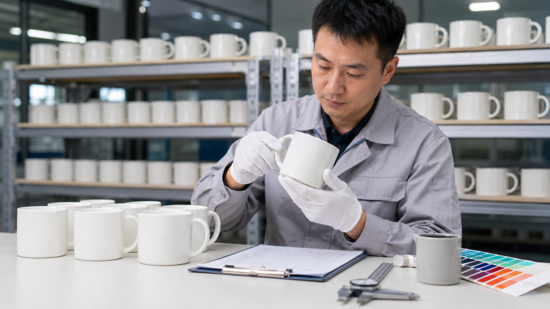 An inspector carefully examining a ceramic mug under a bright light for defects.