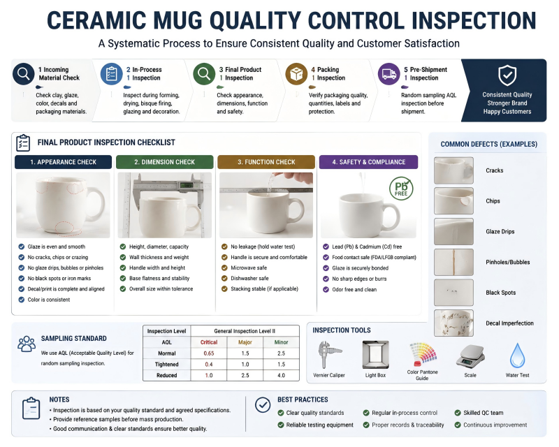 A quality control inspector examining common defects in ceramic mugs on a factory production line.
