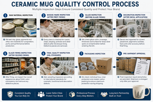 Ceramic Mug Quality Control Process A quality control inspector examining ceramic mugs on a production line.