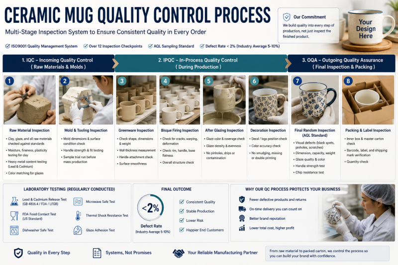 Ceramic Mug Quality Control Process A quality control inspector examining a ceramic mug with a magnifying glass in a factory setting