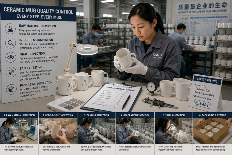 Quality control inspector examining a custom ceramic mug for defects at a mug factory in China.
