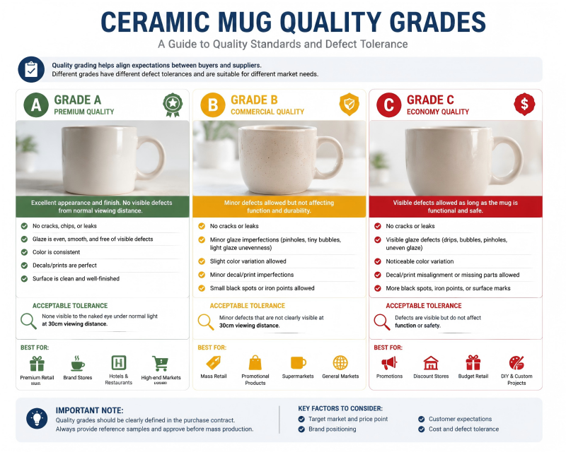 Comparing A-grade, B-grade, and C-grade ceramic mugs to illustrate different quality standards and acceptable defects.