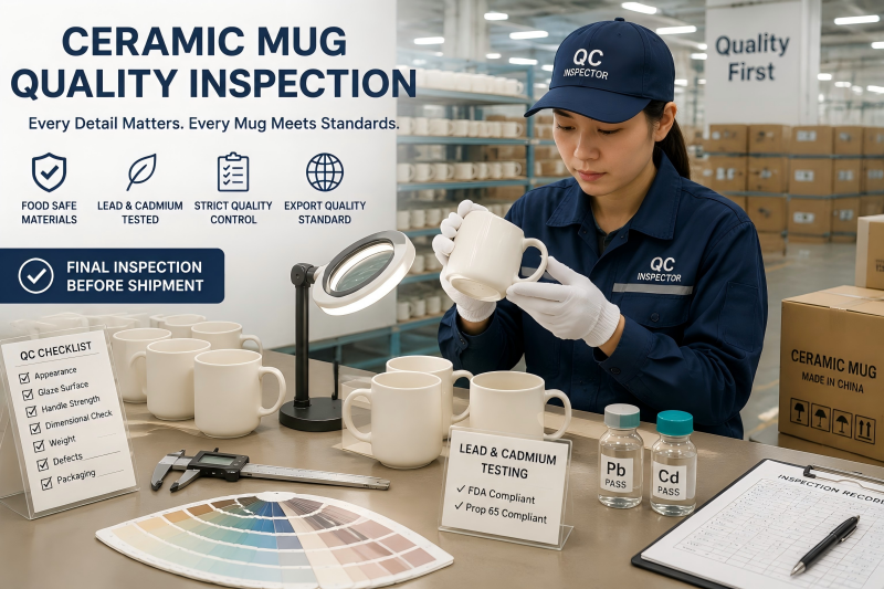 Ceramic Mug Quality Inspection A quality control inspector examining a ceramic mug with a checklist, part of a robust QA system for a food safe ceramic mugs supplier.