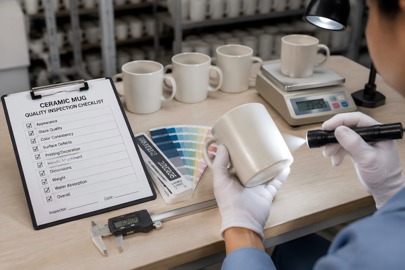 A quality control inspector examining a batch of white ceramic mugs on a factory production line. Alt text: Inspector checking ceramic mug quality on the production line to ensure wholesale standards.