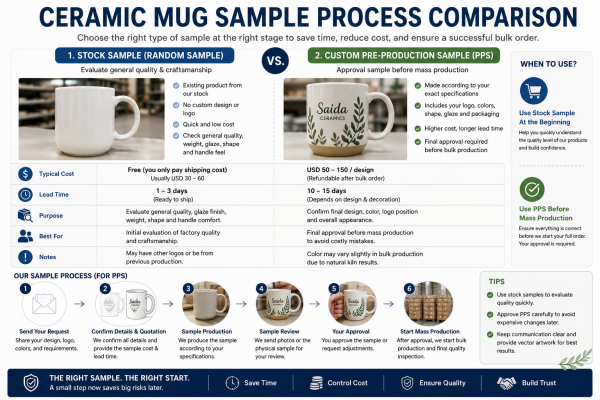 Ceramic Mug Sample Process Comparison A plain white stock sample mug next to a custom-printed pre-production sample mug.