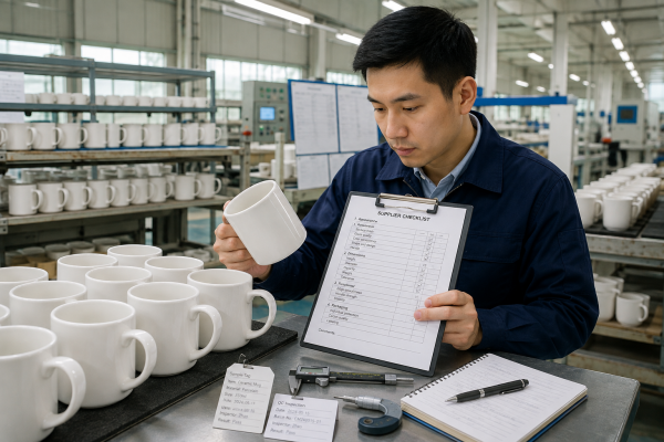 Ceramic Mug Supplier Checklist in Action A quality control inspector using a ceramic mug supplier checklist to inspect mugs on a production line.