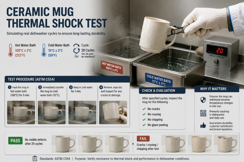 A ceramic mug being moved from a hot oven to a basin of cold water, demonstrating the thermal shock test.