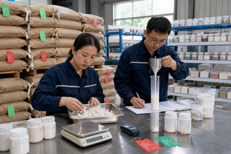 An inspector from our team conducting a ceramic raw material inspection on a clay sample using specialized equipment.