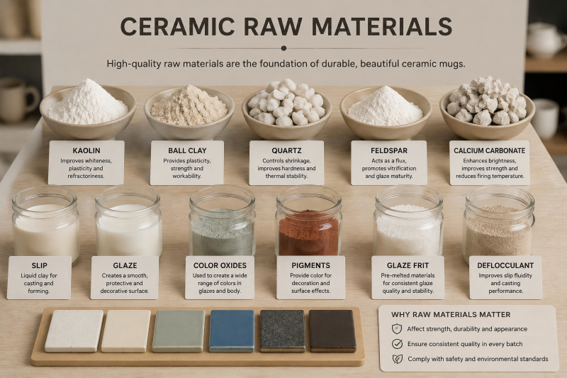 Bags of raw clay and minerals in a factory warehouse. Alt text: Raw materials for ceramic production, a critical step for ensuring ceramic mug quality.