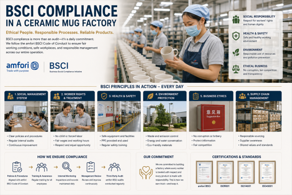 A factory manager reviewing a compliance checklist with workers on the production line.
