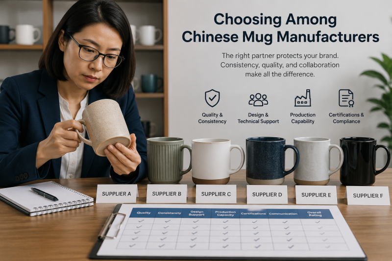 A procurement manager inspecting a ceramic mug from a lineup, representing the choice of Chinese mug manufacturers.