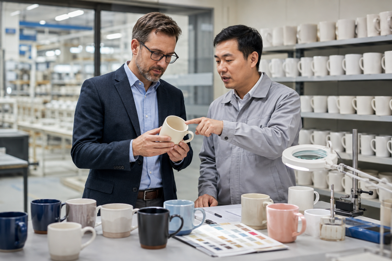 A business owner inspecting a custom ceramic mug from an OEM mug factory.