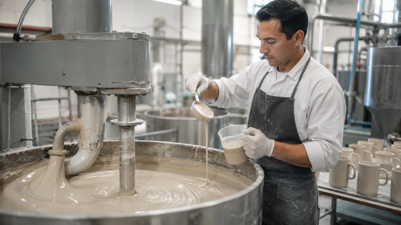 Clay Mixing Stage of Mug Manufacturing Clay being mixed in a large industrial mixer at the start of the ceramic mug manufacturing process.