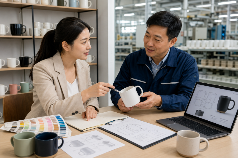A product developer and a factory manager discussing a ceramic mug sample, with Pantone color swatches on the table.