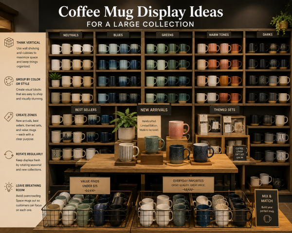 A floor-to-ceiling cubby wall filled with neatly organized coffee mugs.