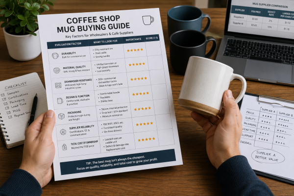 A buyer using a coffee shop mug buying guide to evaluate different mugs