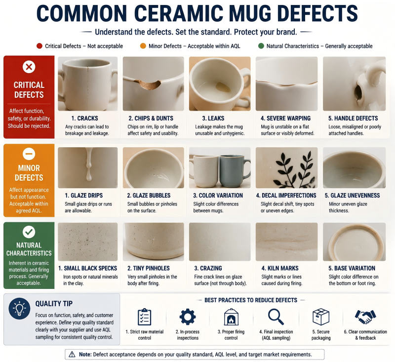 A close-up image showing a quality inspector using a caliper to measure a tiny pinhole defect on a mug, illustrating the detail involved in a ceramic mug inspection checklist.