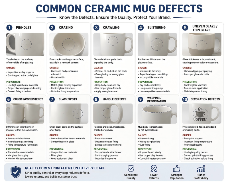 Common Ceramic Mug Defects A close-up collage showing common ceramic mug defects like pinholes, black spots, and an uneven glaze finish.