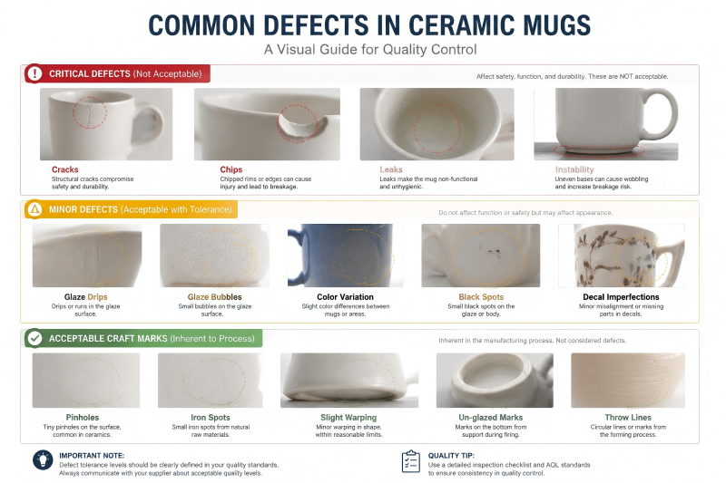 A visual guide to common defects in ceramic mugs, showing cracks, pinholes, and glaze drips.