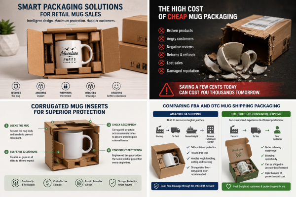 Comparing FBA and DTC Mug Shipping Packaging An illustration showing the different shipping paths for FBA vs. DTC.