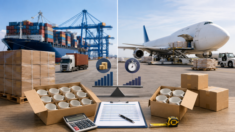 Comparing Sea Freight vs Air Freight Costs A detailed comparison of Sea Freight vs Air Freight for shipping ceramic mugs from China.