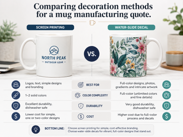 Comparing decoration methods for a mug manufacturing quote A side-by-side comparison of a screen-printed mug and a decal-printed mug