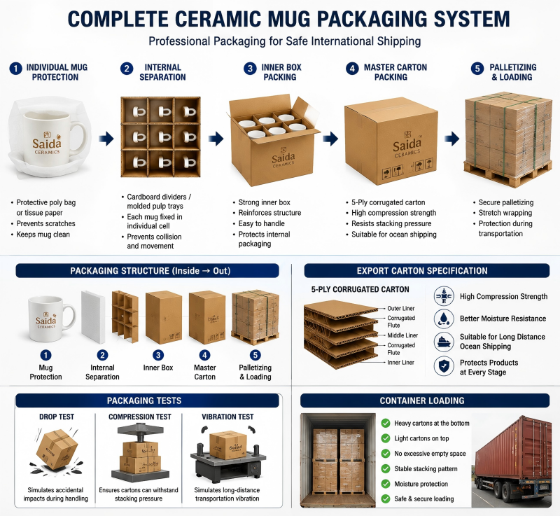 A complete packaging system showing how ceramic mugs are packed for international shipping with internal dividers and a strong outer box.