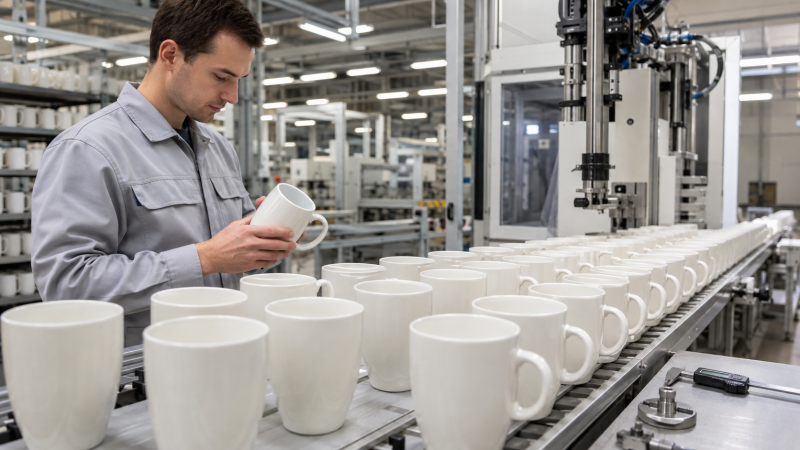 A row of identical white ceramic mugs on a conveyor belt, showcasing the uniformity of automated mug production.