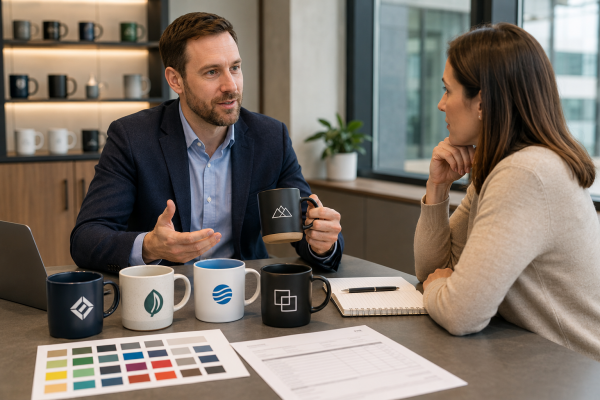 Consultative Selling for Promotional Mugs A sales consultant talking to a client about wholesale branded mugs in a professional setting.