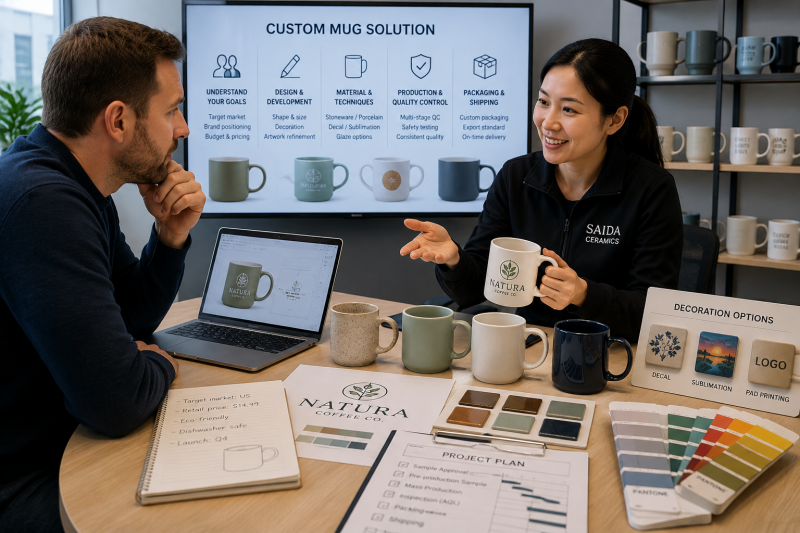 A project manager at a custom mug manufacturer's office consulting with a client over video call.