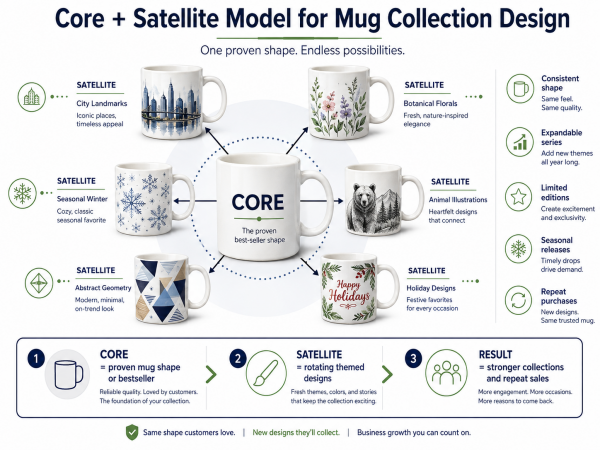 Core Plus Satellite Model for Mug Collection Design A diagram of the Core + Satellite model for retail mug collections