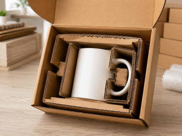 Corrugated Mug Inserts for Superior Protection A diagram showing how corrugated mug inserts create suspension points inside a box.