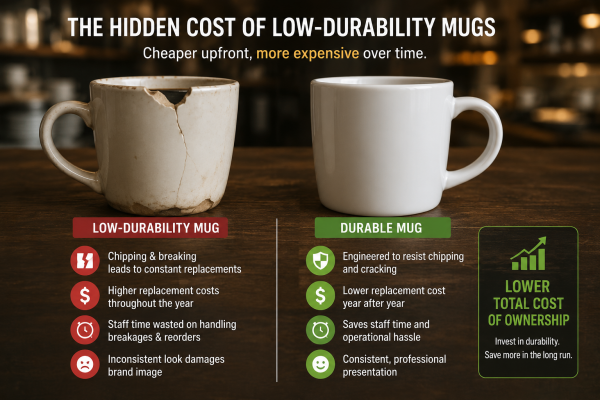 Cost of Low-Durability Commercial Coffee Mugs A chipped commercial coffee mug next to a pristine new one, illustrating the hidden cost of low durability.