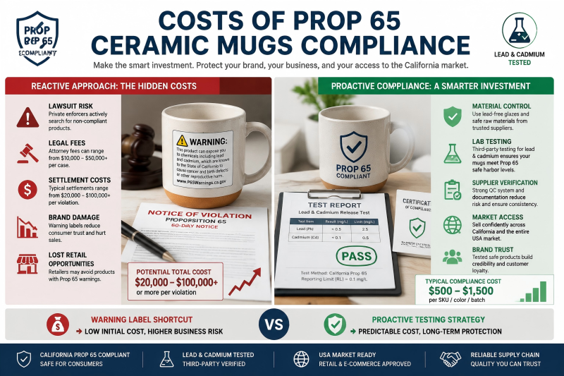 Costs of Prop 65 Ceramic Mugs Compliance An infographic comparing the cost of a Prop 65 lawsuit versus proactive testing for Prop 65 ceramic mugs.