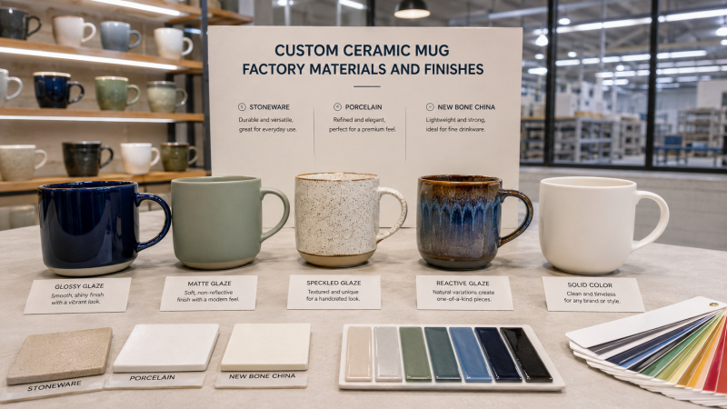 A close-up of different ceramic materials and glaze finishes for custom ceramic mug factory production.