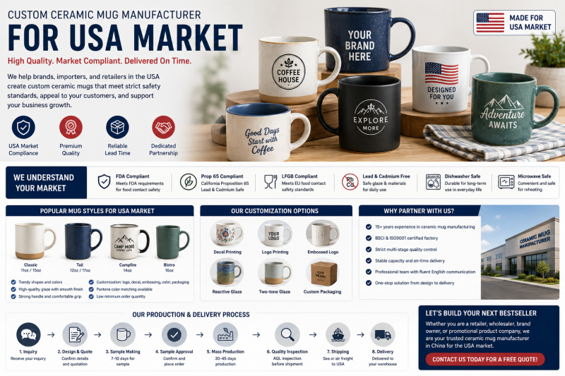 Custom Ceramic Mug Manufacturer for USA Market A designer and factory manager reviewing different ceramic mug shapes and color swatches for the US market