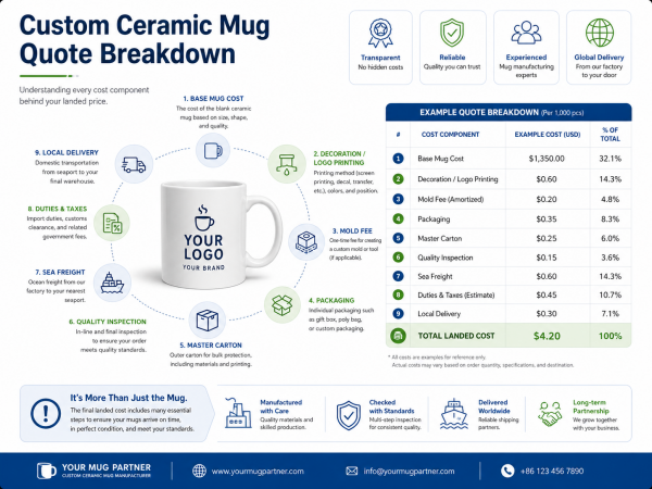 Custom Ceramic Mug Quote Breakdown A detailed quotation sheet for custom ceramic mugs breaking down costs.