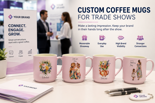 Custom Coffee Mugs for Trade Shows A collection of custom coffee mugs for trade shows in various styles and colors.