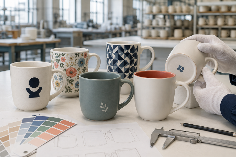 A collection of high-quality custom ceramic mugs showcasing different printing techniques.