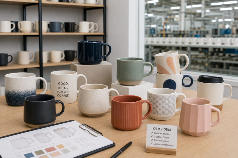 A collection of custom-shaped and custom-printed ceramic mugs on display.