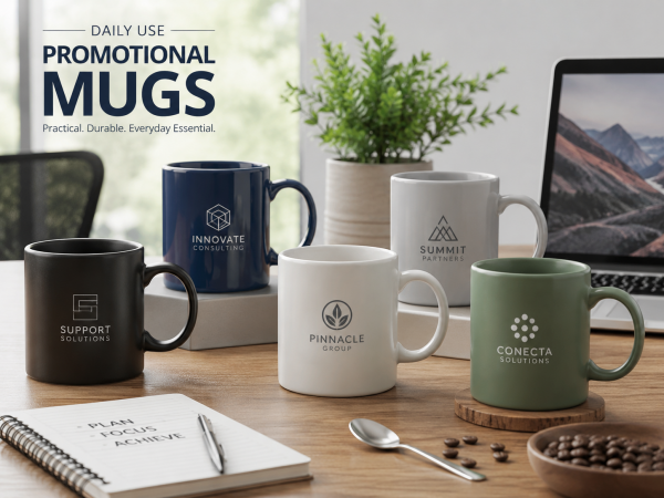 Daily Use Promotional Mugs A high-quality promotional mug with a company logo sitting on an office desk next to a laptop.