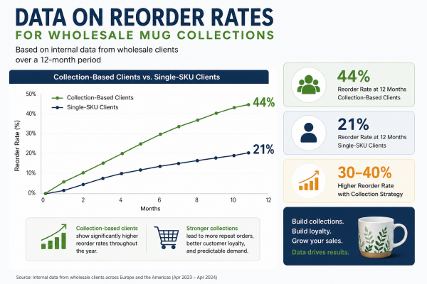 Data on Reorder Rates for Wholesale Mug Collections An infographic showing higher reorder rates for wholesale mug collections