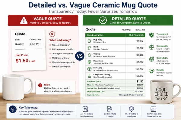 Detailed vs. Vague Ceramic Mug Quote A side-by-side comparison table showing a vague quote versus a detailed quote for a custom ceramic mug manufacturer.