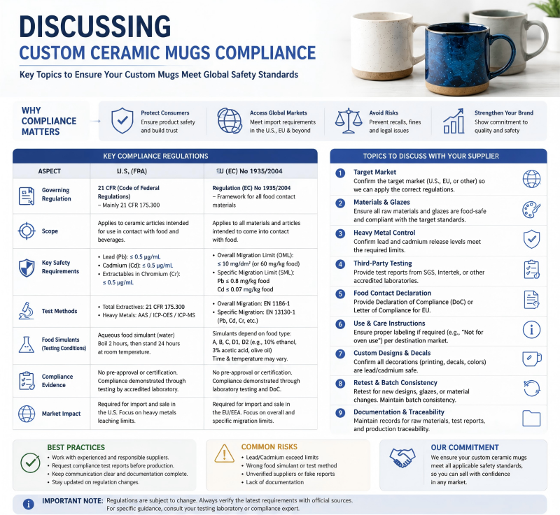 Discussing Custom Ceramic Mugs Compliance A person pointing to a line on a custom ceramic mugs compliance document during a discussion with a supplier
