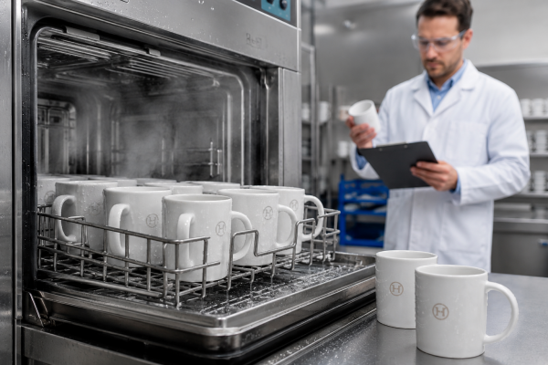 A powerful industrial dishwasher spraying water over racks of ceramic mugs.