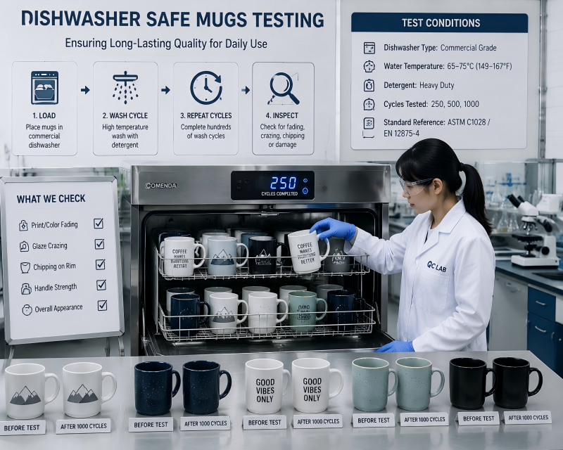 A row of decorated ceramic mugs inside a commercial dishwasher undergoing a dishwasher safe durability test.