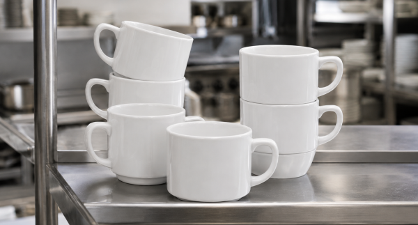 Durable Coffee Mugs for Restaurant Chains A stack of durable white coffee mugs for restaurant chains ready for service in a commercial kitchen.